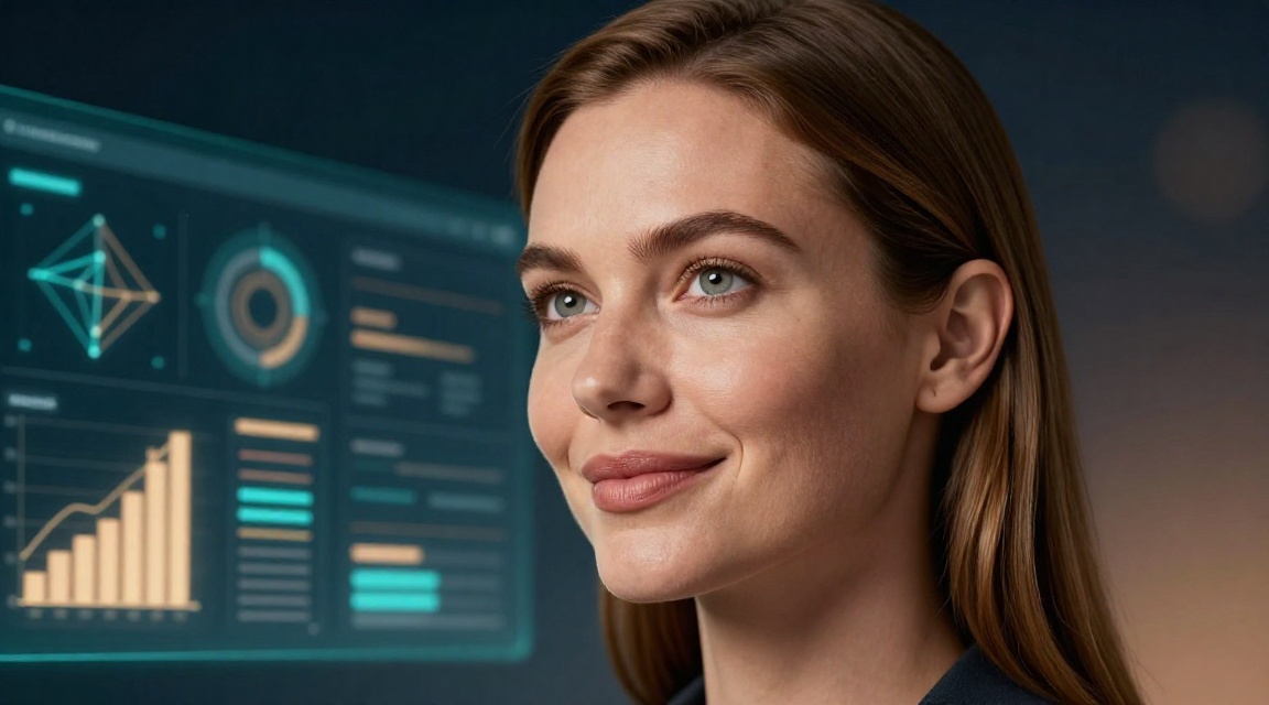 Уверенная женщина анализирует информацию на экране, символизируя осознанный выбор и использование сравнений и рейтингов