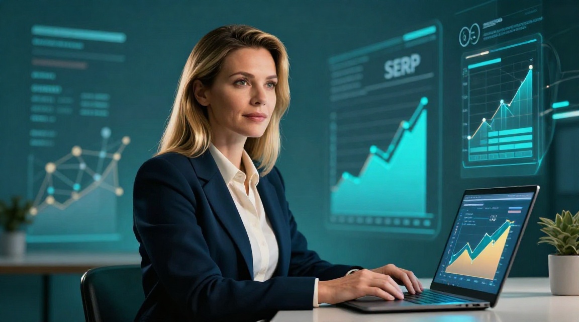 Женщина-специалист по SEO анализирует новые форматы SERP и изменения поисковой выдачи за ноутбуком с абстрактной визуализацией данных