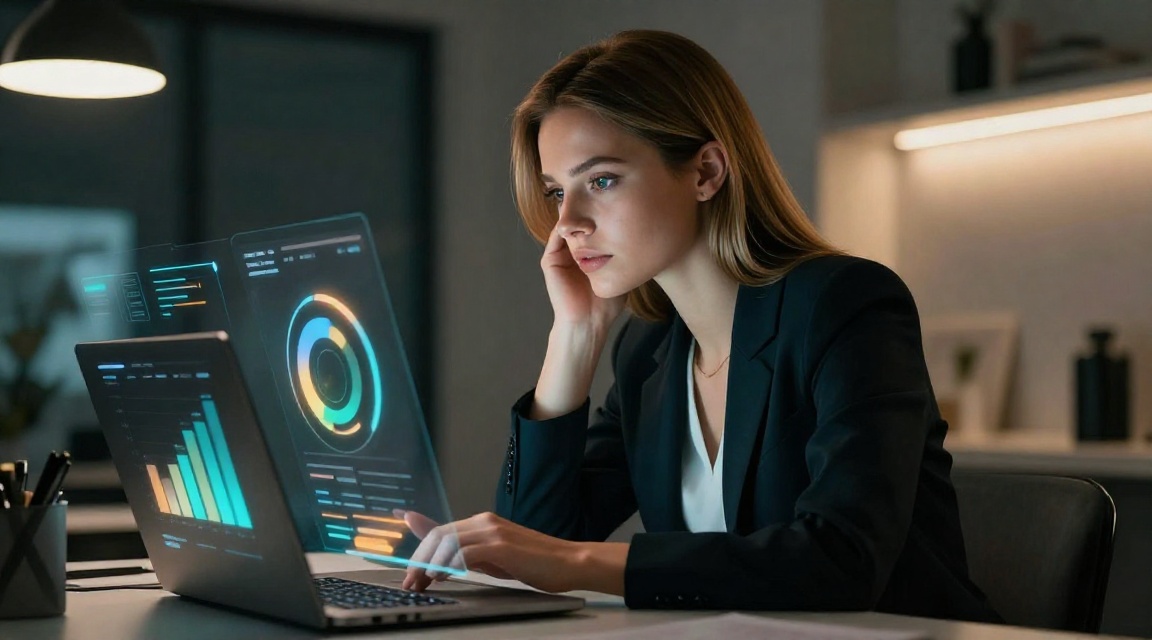 Уверенная молодая женщина анализирует данные сравнения на экране ноутбука — символ осознанного выбора и принятия решений
