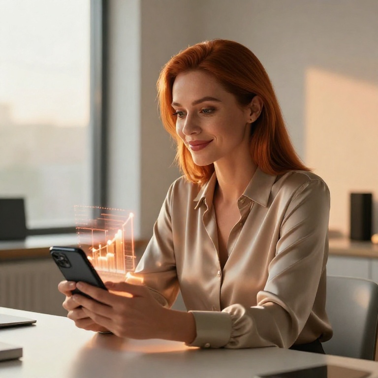 Уверенная женщина-продавец с аuburn волосами рассматривает смартфон с яркими графиками конверсии в современном…