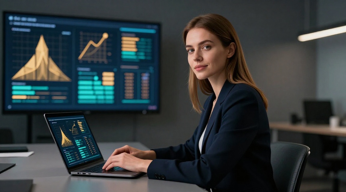 Уверенная женщина принимает взвешенное решение на основе анализа данных и рейтингов