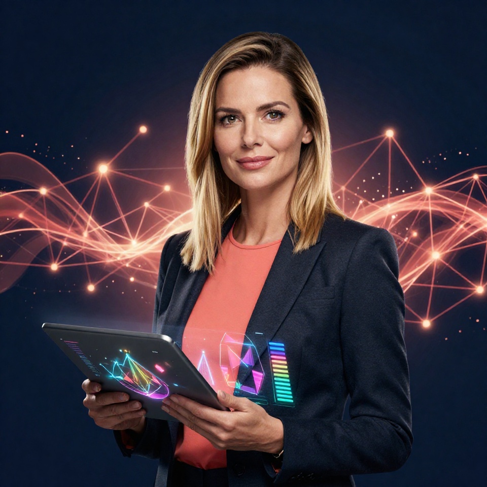 Уверенная женщина использует калькулятор энергии Tron для расчёта комиссии в сети TRON на фоне абстрактной блокчейн-сети с светящимися узлами