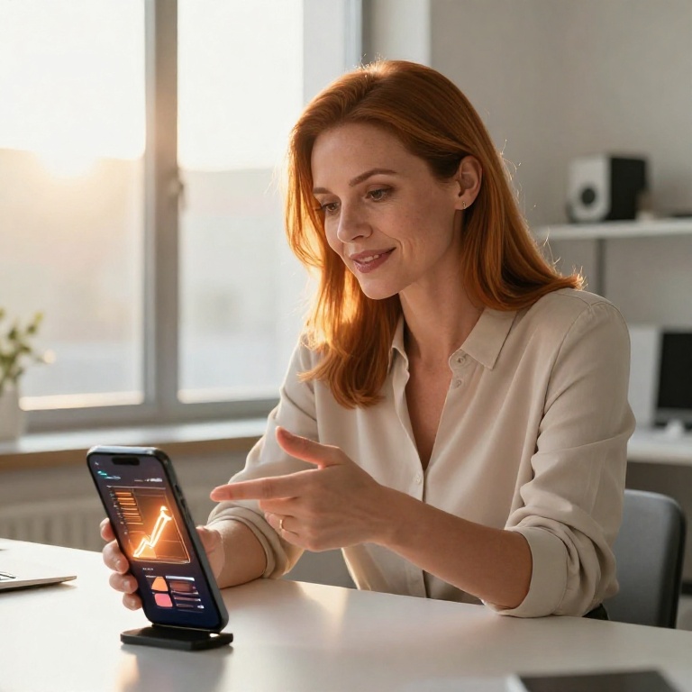 Уверенная женщина-продавец анализирует успешную карточку товара на Wildberries в современном офисе с теплым…