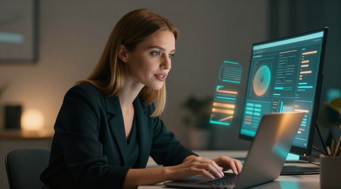 Уверенная женщина принимает осознанное решение, анализируя информацию на экране ноутбука